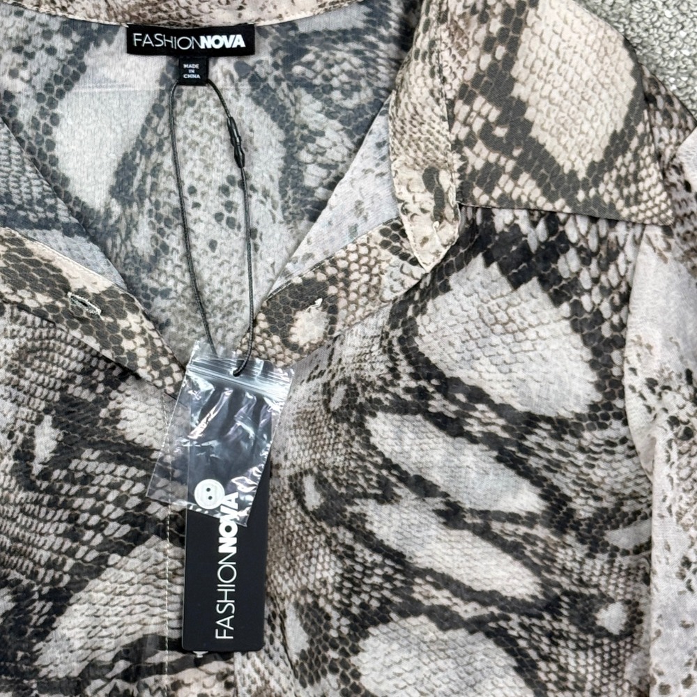 Fashion Nova Button Down Shirt Womens Medium Brown Snake Mesh Veronica Edgy